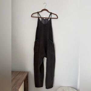 Oversized Black Mineral Washed Onesie Jumpsuit with Pockets